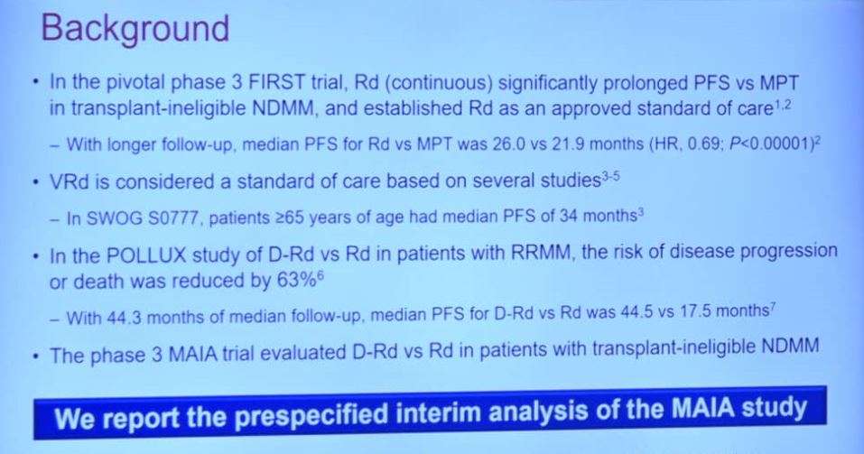 MAIA trial: addition of daratumumab to Rd in newly diagnosed transplant-ineligible MM